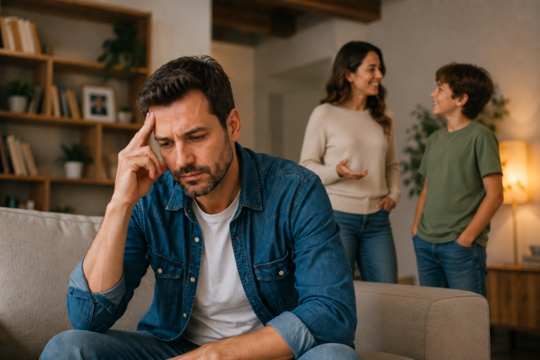 Homem preocupado sentado no sofá enquanto esposa e filho conversam ao fundo, ilustrando ansiedade mesmo quando tudo parece estar bem.