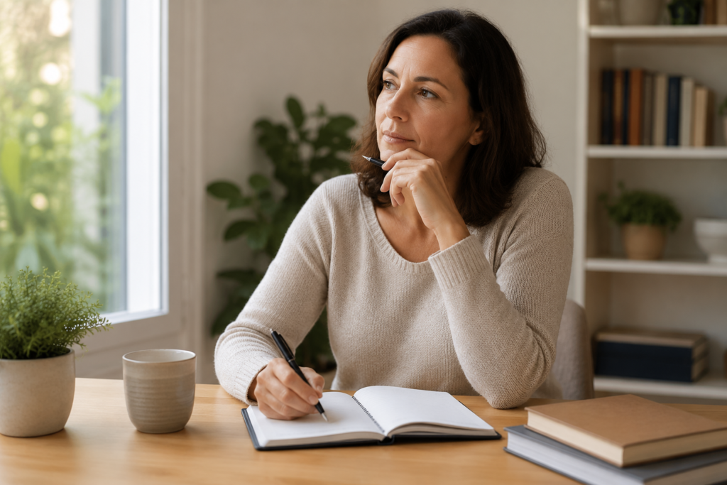 Mulher escrevendo em um caderno enquanto reflete sobre a autocrítica excessiva.