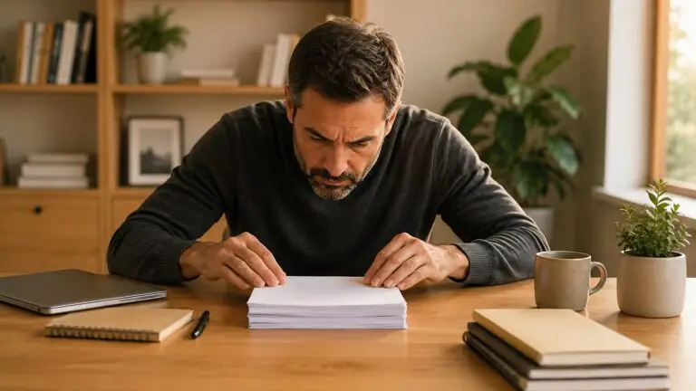 Homem organizando papéis sobre a mesa, representando o perfeccionismo